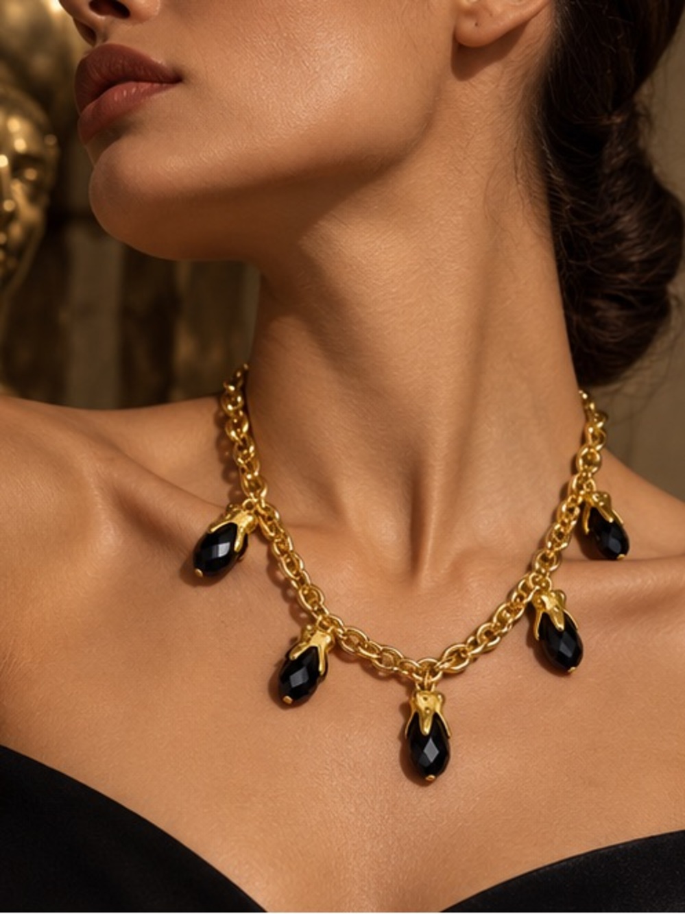 Black Onyx Charm Chain Necklace Gold Sculptural Jewelry